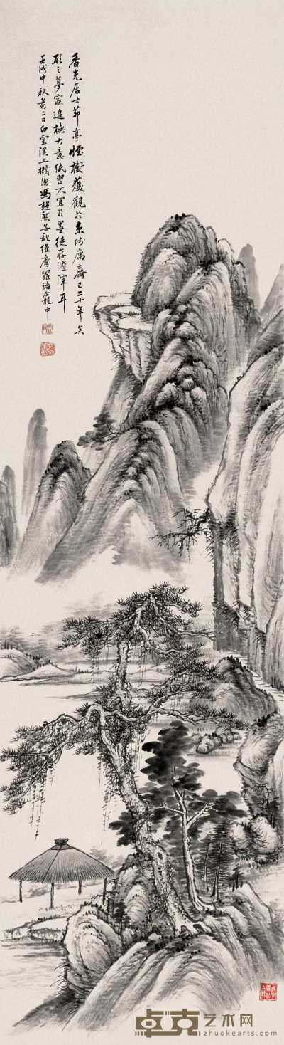 冯超然 壬戌（1922年）作 白云溪上亭 镜心 150×41cm